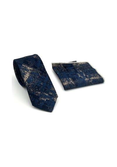 Gaffy Bej Desenli Petrol Mavi Dokuma Kumaş Mendilli Slim Fit Kravat // Sdk-2608-5 Mavi