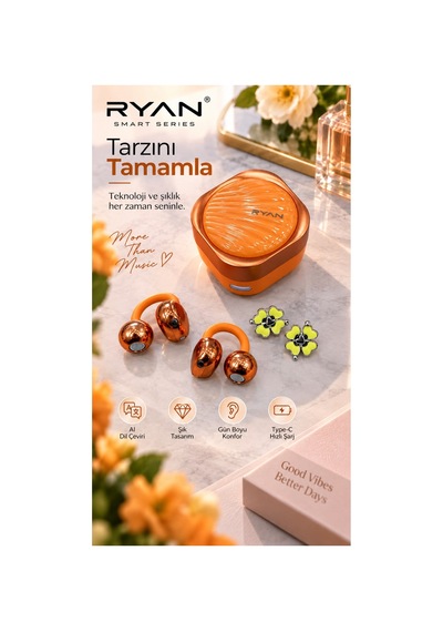 Ryan Dil Çevirili Kablosuz Bluetooth 5.3 Kulaklık Anc Gürültü Engelleme Açık Kulak Tasarım Charm Aksesuarlı Turuncu-14922