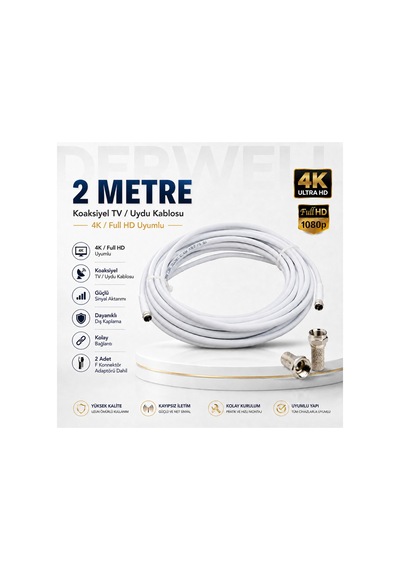 2 Metre 4k Full Hd Koaksiyel Tv Uydu Anten Kablosu Seti - Güçlü Sinyal Aktarımlı Dayanıklı Televizyon Kablosu - Lnb Alıcı Uyumlu Yüksek Kalite Beyaz