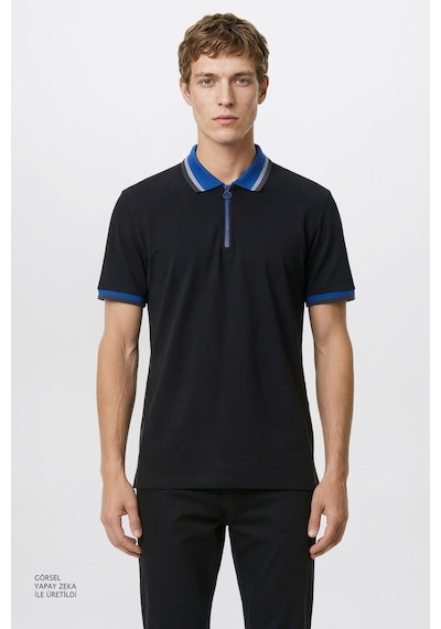 AC&Co / Altınyıldız Classics Erkek Sıyah Saks Regular Fit Geniş Kesim Polo Yaka %100 Pamuk Tişört