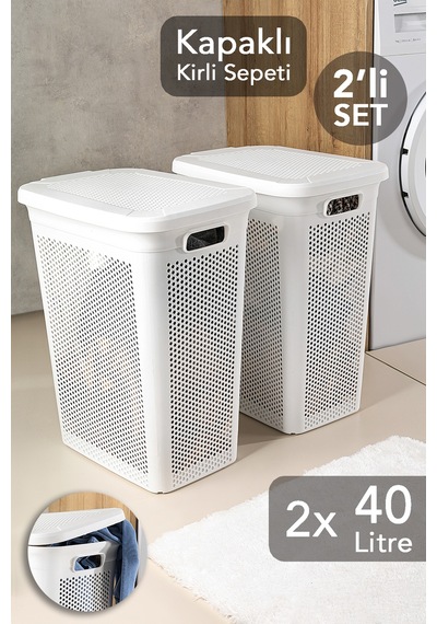 2'li Kirli Çamaşır Sepeti Seti - 40 Litre Kapaklı Delik Detaylı Stash Slim Kirli Sepeti Beyaz Beyaz