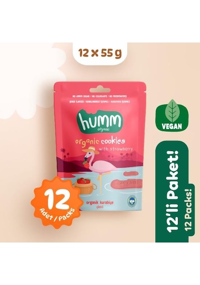 Organik Vegan Çilekli Kurabiye Atıştırmalık Paketi - 12 Adet 640 G