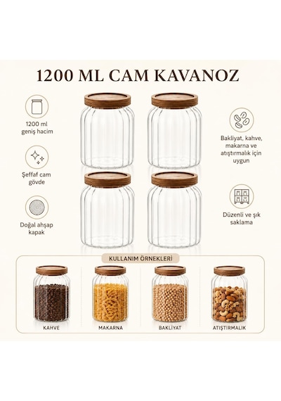 4'lü 1200 Ml Ahşap Kapaklı Cam Kavanoz Seti, Çizgili Şeffaf Erzak Saklama Kabı, Kahve Makarna Bakliyat Kuruyemiş Diğer