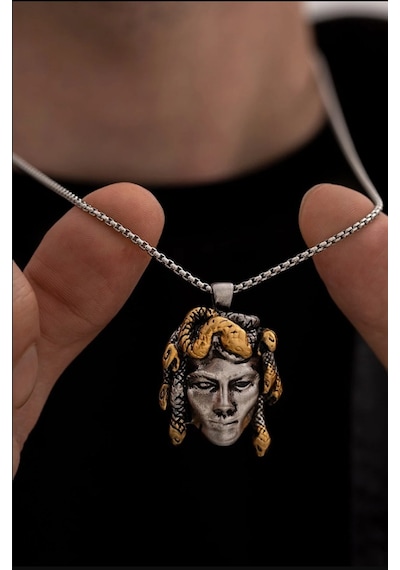 Osmanlı Gümüş Medusa Model Erkek Çelik Kolye Çelik