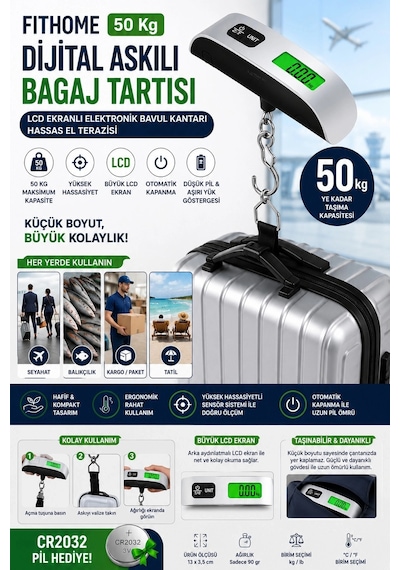 Fithome 50 Kg Dijital Askılı Bagaj Tartısı Lcd Ekranlı Elektronik Bavul Kantarı Hassas El Terazisi