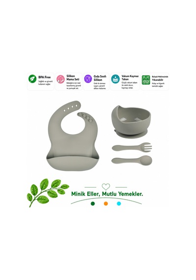 Çocuk Silikon Mama Önlüğü, Silikon Vakumlu Kase, Silikon Kaşık Ve Çatal / Gri