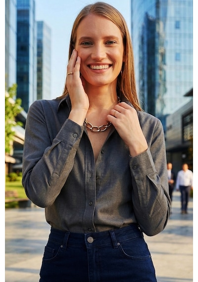Tudors Kadın Slim Fit Dar Kesim Uzun Kollu Pamuklu Vücuda Oturan Dokulu Antrasit Basic Gömlek-38816
