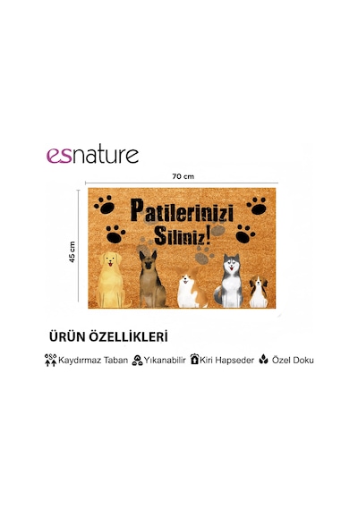 Esnature Köpek Desenli Patilerinizi Silin Yazılı Kapı Önü Paspası 45x70 Cm Çok Renkli