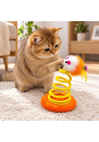 Hacıyatmaz Yaylı Peluş Fareli Kedi Oyuncağı, Hareketli Zıplayan Fare, Esnek Yaylı Kedi Oyun Ve Avlanma Oyuncağı Turuncu-sarı