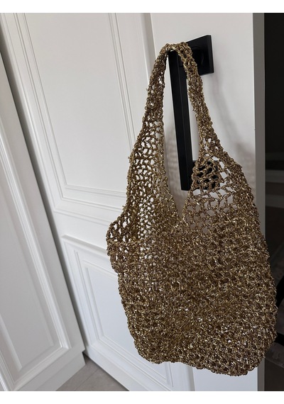 Handmade Çanta /el Örgüsü Omuz Çantası / Metalik Ip Parlak Simli Dore / Altın Renk File Çanta Altın