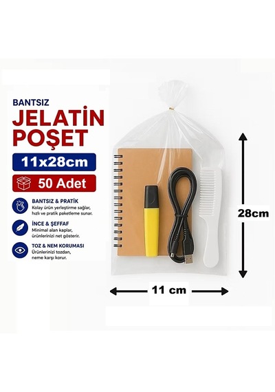 Jokey Ambalaj 11x28cm Berrak, Dayanıklı Bantsız Jelatin E-ticaret, Aksesuar Saklama Poşeti 50 Adet