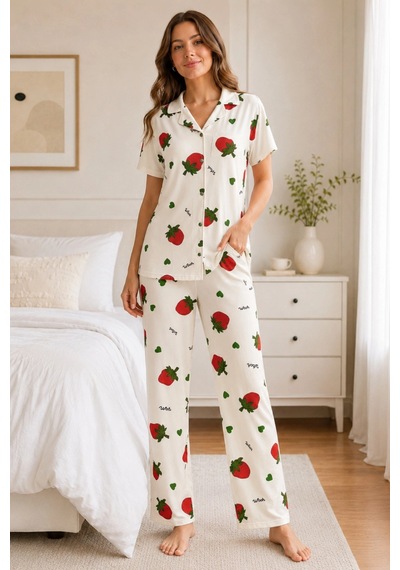 Northcity Ekru Çilek Desenli Kısa Kollu Gömlek Yaka Milan Kumaş Kadın Pijama Takımı