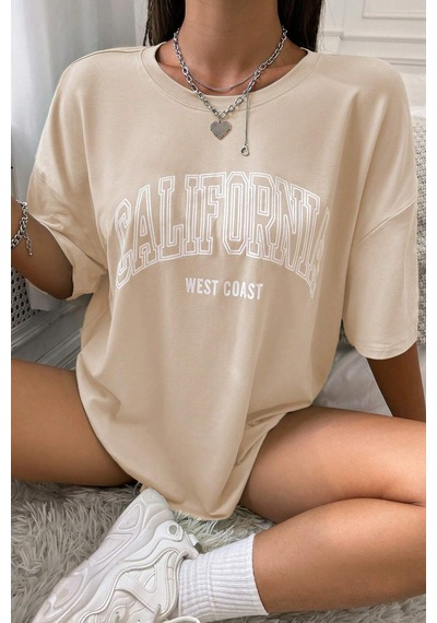 Unisex California West Coast Baskılı Tasarım Tshirt Bej