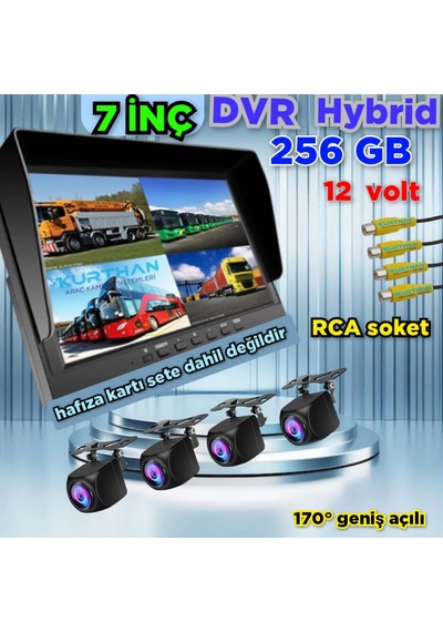 7 İnç Dvr Monitör Ve 4 Adet 170 Derece Açılı Kamera Seti 12 Volt