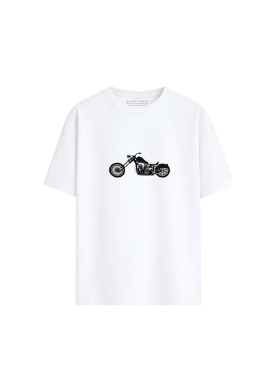 Black Nova Oversize Baskılı Unisex %100 Pamuk T-shirt Classic Chopper Beyaz
