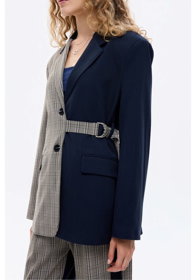 Ekose Garnili Kuşak Detaylı Oversize Blazer Ceket Lacivert Lacivert