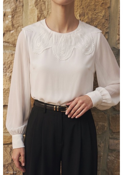 Sateen Yaka Detaylı Bluz - Ekru-137866