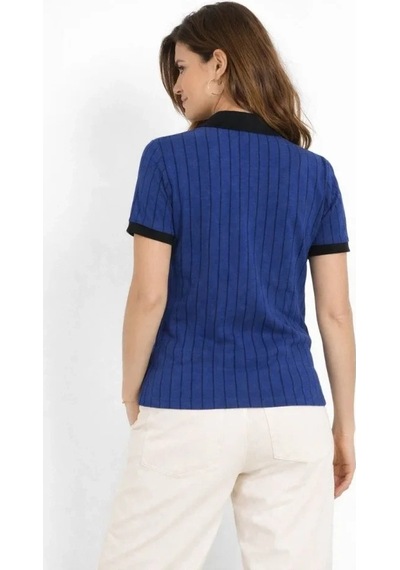 Valensdesign Polo Yaka Çizgili Tişört Kısa Kol Düğmeli Yazlık T-shirt - Saks Mavisi