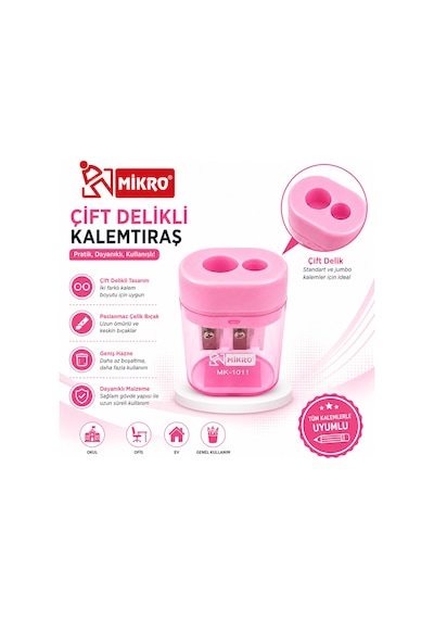 Mikro Çift Delikli Kalemtıraş 24 Adet Tek Kutu Hazneli Standart Ve Jumbo Kalem Uyumlu Mk-1011