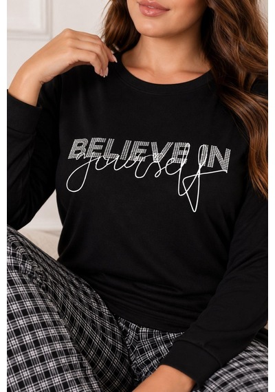 Gd Goldoremi Premium Kadın Büyük Beden Rahat Kışlık Uzun Kollu Pijama Takım Siyah
