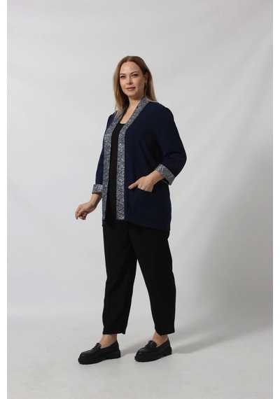 Moda Berray Parlak Detaylı Garnili Büyük Beden Blazer Ceket Lacivert