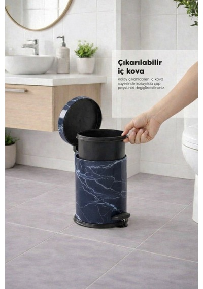 Lacivert Mermer Desenli 2'li Banyo Seti - Metal Çöp Kovası 3 Lt Ve Wc Fırçası Takımı Lacivert