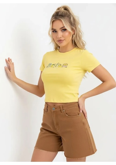 Park Karon 26025 Pamuk Desenli Crop Boy Bisiklet Yaka Örme Bluz Sari 40