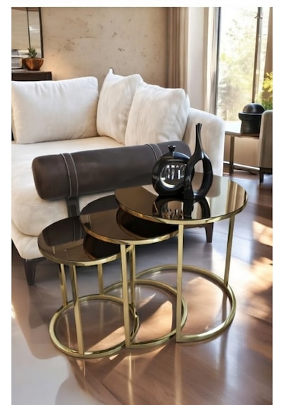 Gold Metal Zigon Sehpa Bronz Aynalı Altın