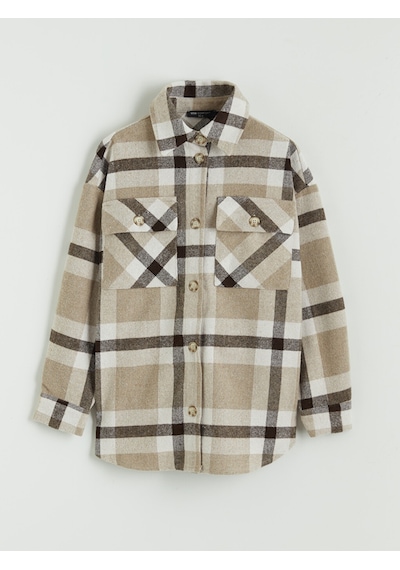 Lcw Comfort Kahverengi Ekose Oversize Kadın Gömlek