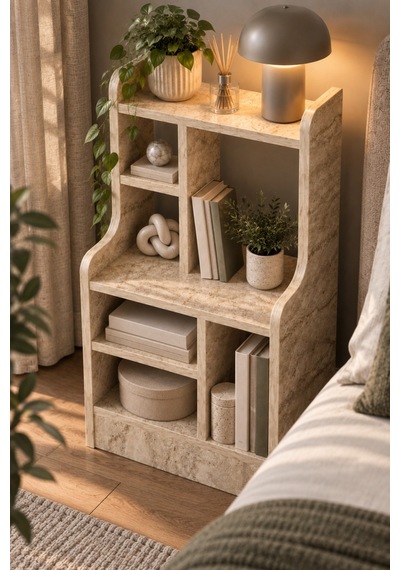 Sulorahome Çok Bölmeli Dekoratif Yan Sehpa Ve Raflı Komodin Nature Traverten