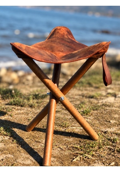 El Yapımı Hakiki Deri Tabure Ahşap Katlanır Kamp Taburesi Kafe Ve Ev Dekoru