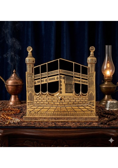 Allah & Muhammed S.a.v Kabe Kapısı Figürlü Özel Tasarım Gold Renkli Masa Üstü Biblo 25 Cm
