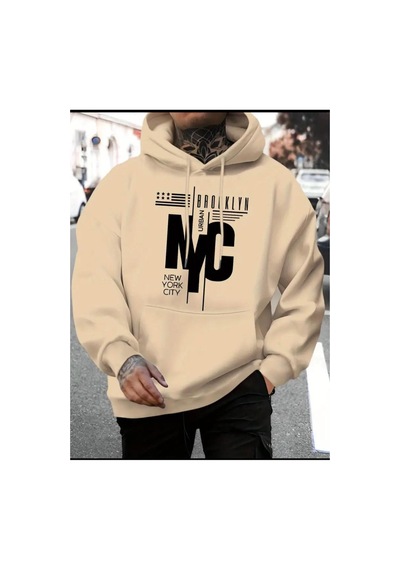 Medinenur Nyc Baskılı Kapüşonlu Cepli Sweatshirt Bej