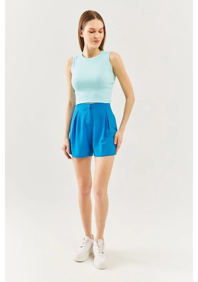 Butikgiz Kadın Sıfır Kol Bisiklet Yaka Vücuda Oturan %100 Pamuklu Kaşkorse Esnek Crop Bluz Aqua