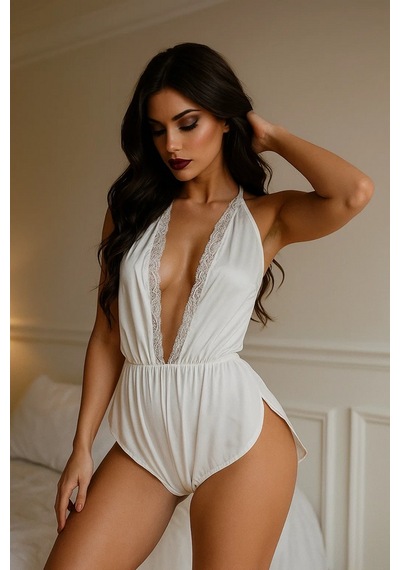 Ang Butik Kadın Beyaz Dantelli Derin V Dekolteli Babydoll