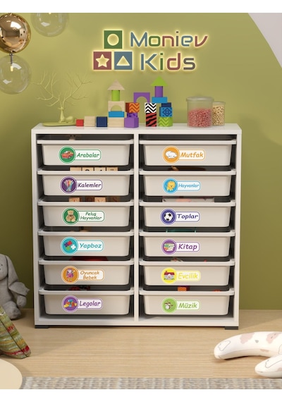 Berra 12 Sepet Stickerlı Çok Amaçlı Dolap Oyuncak Dolabı Beyaz Beyaz