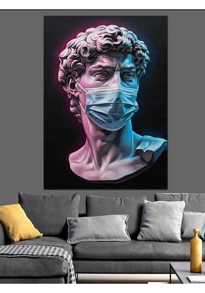 Ahşap Tablo Mavi Maskeli Baş David Heykeli