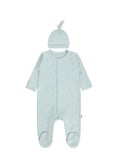 Civil Baby Mavi Jakarlı Şapkalı Patikli 1-9 Ay Tulum - Mavi Açık Mavi