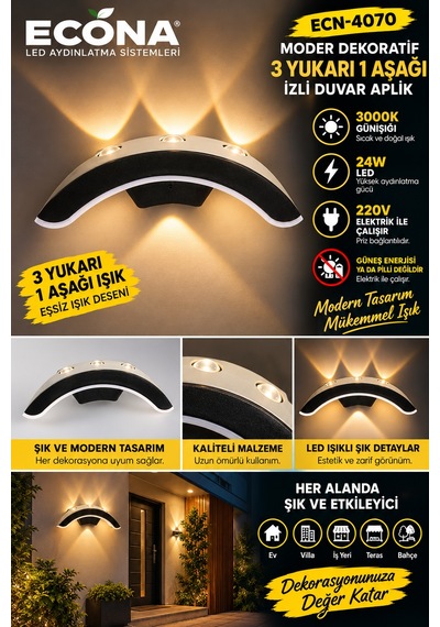 Modern Dekoratif 3 Yukarı 1 Aşağı Işık İzli Duvar Aplik - 3000k Günışığı 24w Ledli Dış/iç Mekan Aplik,ledli Lamba,led Lamba,duvar Aydınlatma