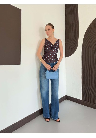 Verymoda Degaje Yaka Askılı Bluz Kahve Mavi