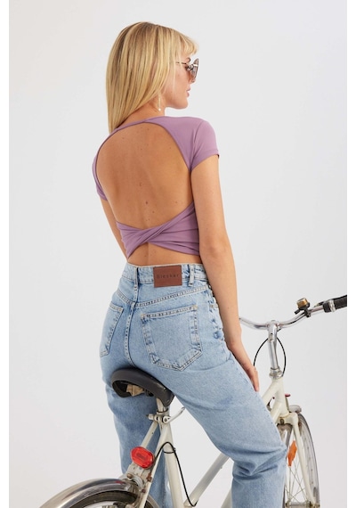 Hiccup Yuvarlak Yaka Çapraz Arka Kısa Kollu Crop Top Mor