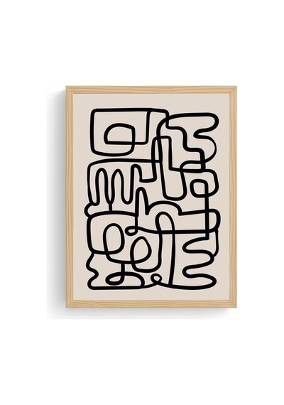 Doğal Ahşap Çerçeveli Minimal Çizgisel Desenli Tablo - Pastel Huhu1615