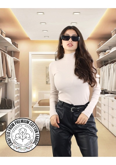 Alya Underwear Kaşkorse Yarım Boğaz Body Sweatshirt, Fitilli Kumaş, Likralı, Bordo Bej Kemik