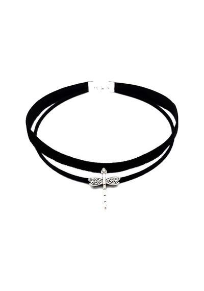 Gümüş Renk Yusufcuk Siyah Kadife -süet Kadın Choker Tasma Kolye Fuşya