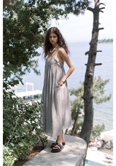 Mai Collection Mai Studios Co. Torrora Uzun Vizon Keten Elbise Vizon