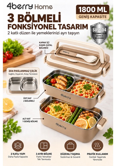 2 Katlı Yemek Termosu 3 Bölmeli 1800 Ml Taşınabilir Yemek Kabı, 304 Paslanmaz Çelik, Sızdırmaz, Isı Yalıtımlı, Kaşıklı Kahverengi