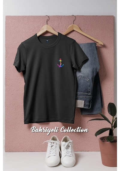 Oversize Renkli Çıpa - Çapa Cep Tasarımlı Unisex T-shirt Siyah