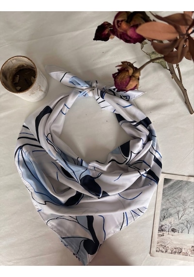 Trend Dokunuş Kadın 70-70 Saten Zambak Desenli Fular Bandana Mavi - Beyaz