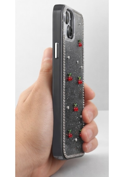 Apple Uyumlu iPhone 13-14 Kiraz Figürlü Simli İnci Taşlı Lüx Silikon Kılıf Siyah