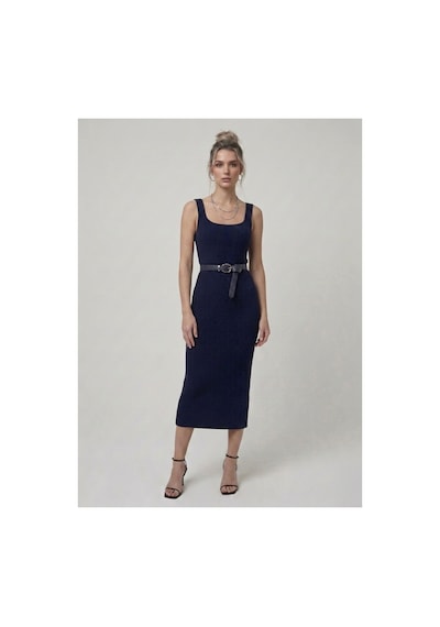 Neden Tekstil Premium Fit Kare Yaka Fitilli Triko Midi Elbise - Lacivert